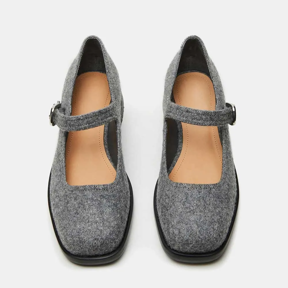 Chic Grey Farbic Square Toe Buckle Strap Women Mary Jane Shoes
