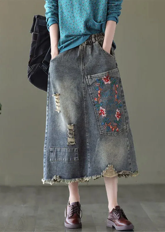 Unique Blue Embroideried Pockets Patchwork Denim Skirt Summer