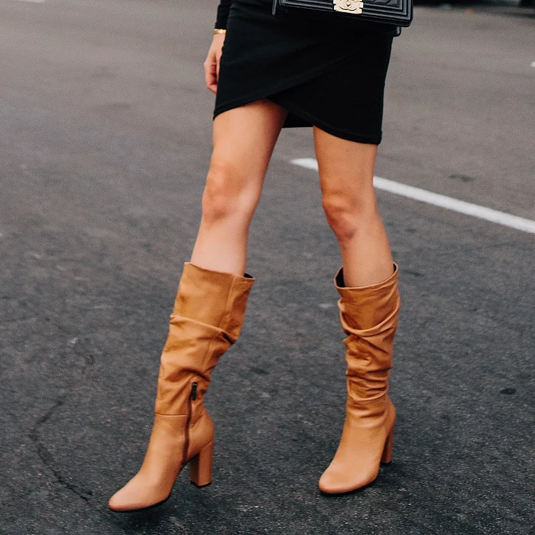 Tan Slouch Boots Chunky Heel Mid Calf Boots |FSJ Shoes