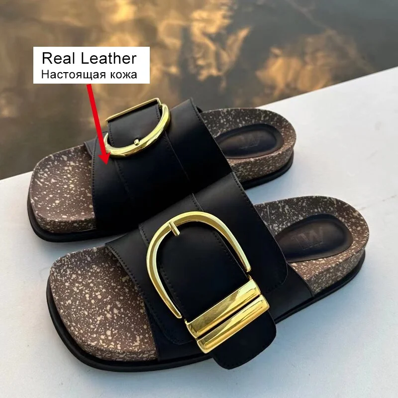 yyvonne Size 35-39 Flats Sandals Women Leather Retro Low Heels Shoes For Women Summer 2023 Buckle Open Toe Slippers Home Slides