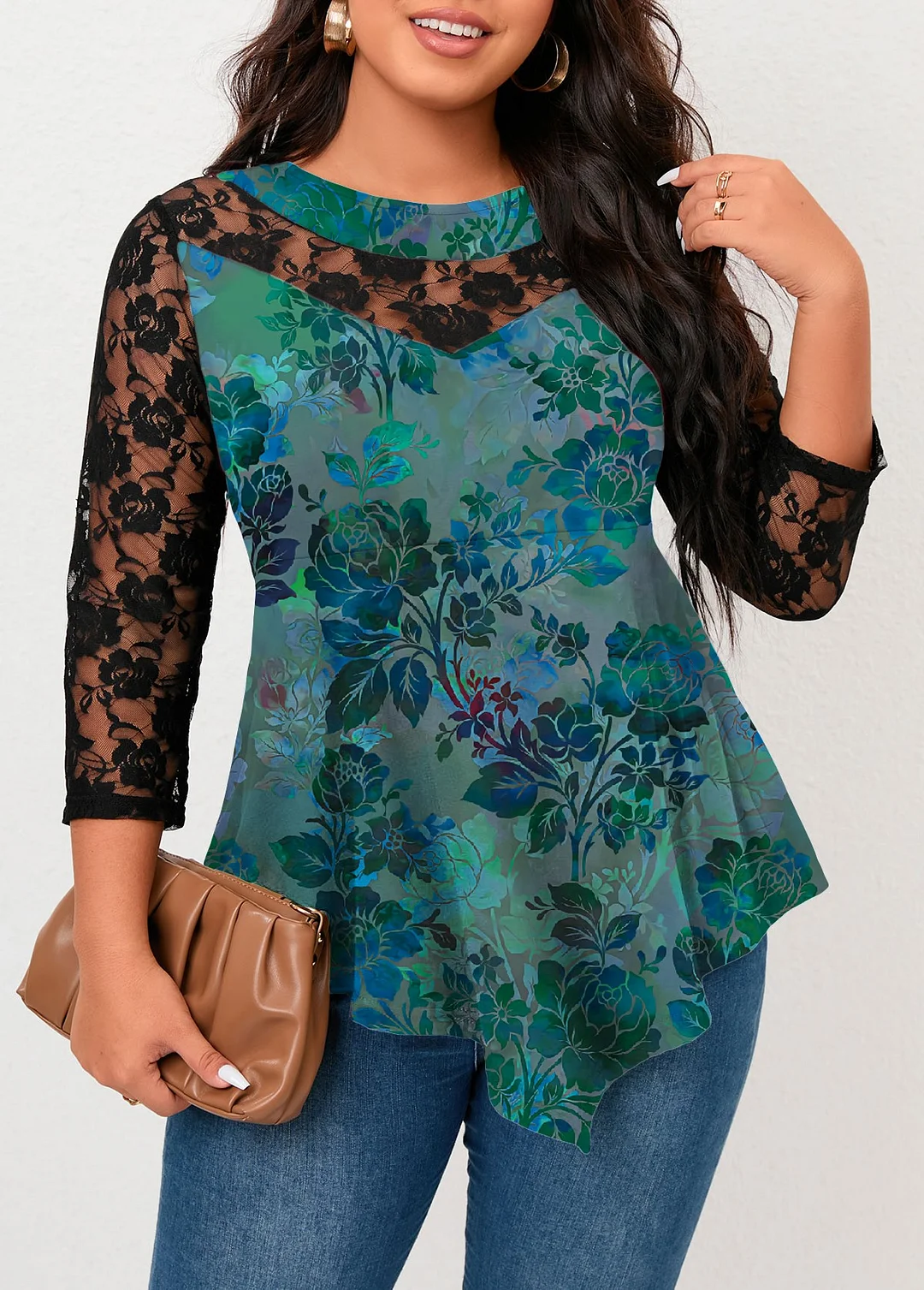 Style & Comfort for Mature Women Women's Casual Top, Plus Size Floral Print Lace Three Quarter Sleeve Round Neck Asymmetric Hem Top