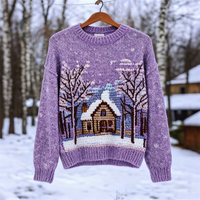 Vintage Christmas Snowing Forest Cottage Cozy Knit Sweater elevenforest