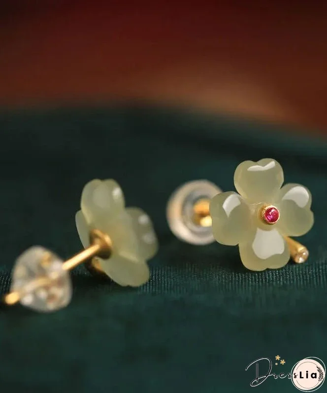Women Light Green Sterling Silver Jade Zircon Four Leaf Clover Stud Earrings