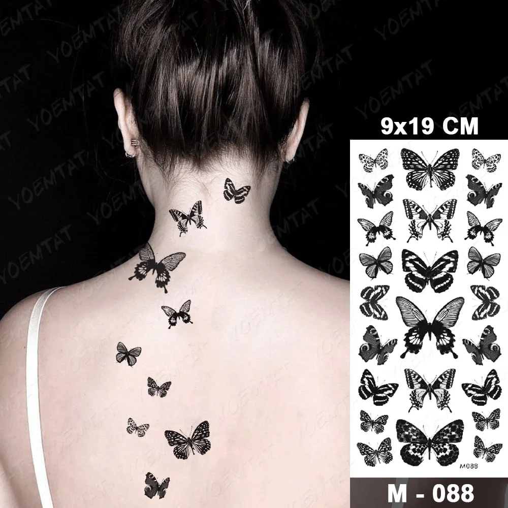 Butterfly Waterproof Temporary Tattoo Stickers Moth Rose Flower Dark Flash Tatto Women Sexy Body Art Arm Neck Fake Tattoos Men