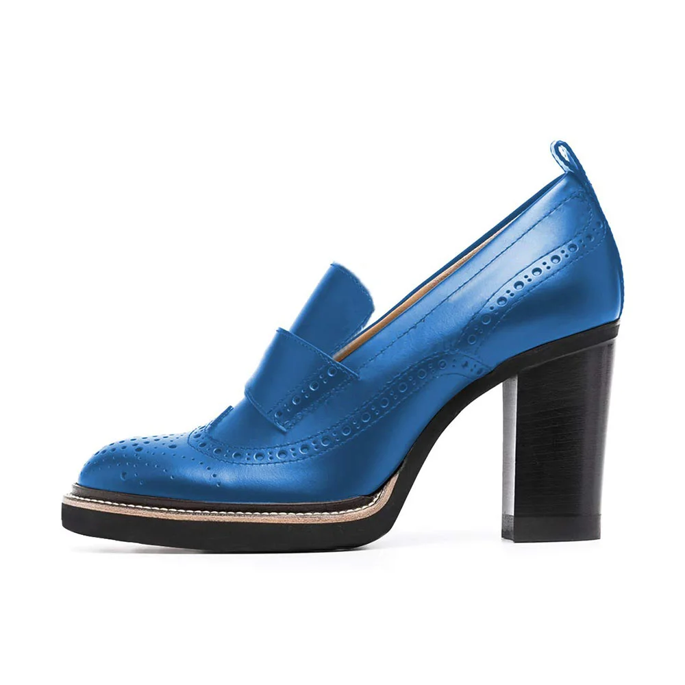 YDN Blue Round Toe Perforated Chunky Heel Loafer Shoes Women