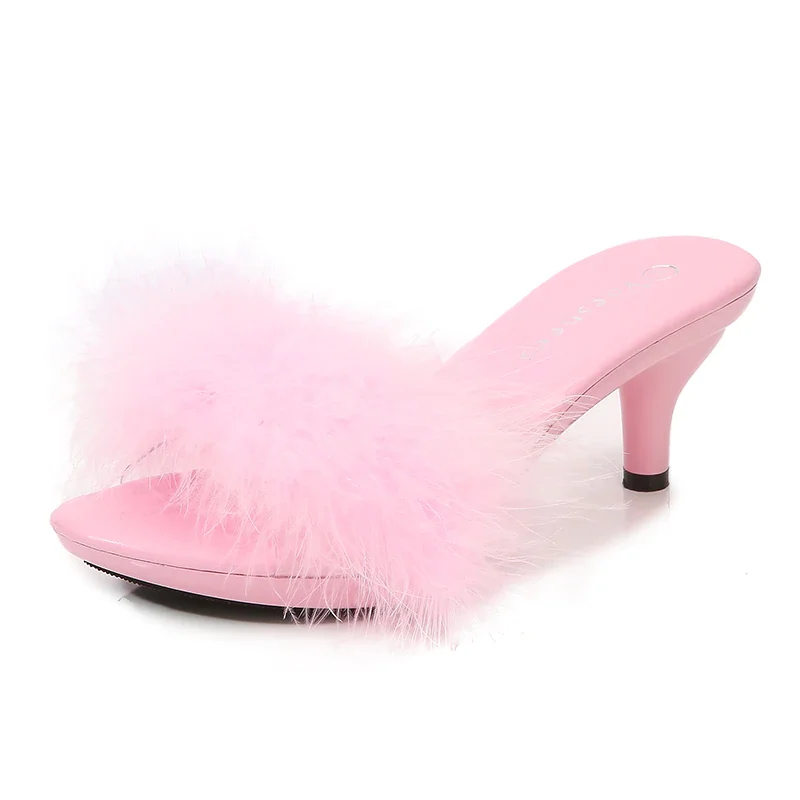 Qengg Solid Color Feather Fairy Slippers Summer Transparent Sandals Thin High Heels Sexy Fur Crystal 6cm Low Heel Derss Women Shoes