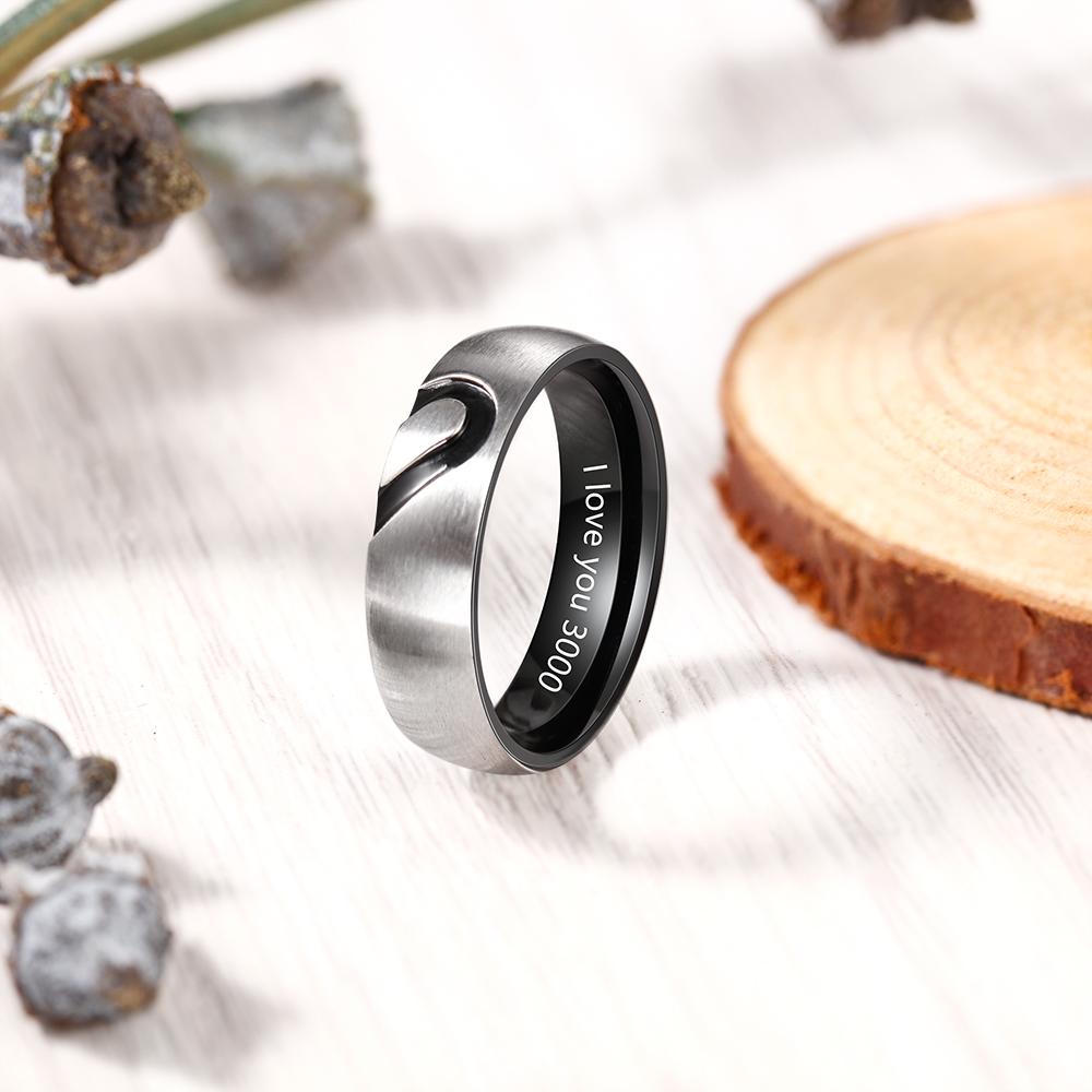 To My Man Ring Set Promise Ring for Couple Heart Matching Ring Engraving Text Black Personalised Ring for Him-Jessemade AU