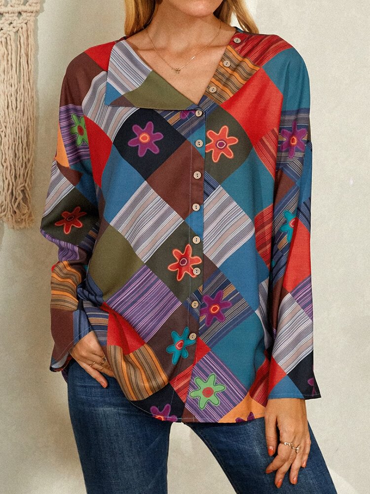Floral Striped Plaid Print Button Long Sleeve Casual Blouse for Women P1786498