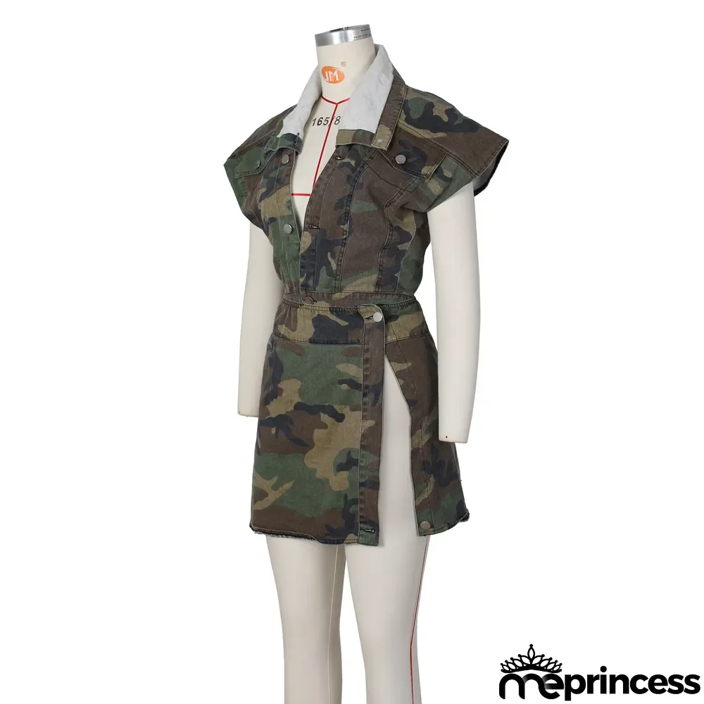 Sleeveless High-cut Camouflage Casual Skirts Set
