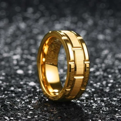 6MM 8MM Women's Or Men's Tungsten Carbide Wedding Faceted Rings Duo Tone Gold Brick Pattern Comfort Grooved Fit