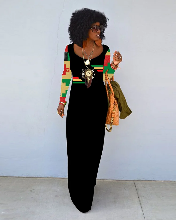 Simple Black History Month Print Crew Neck Long Sleeve Dress