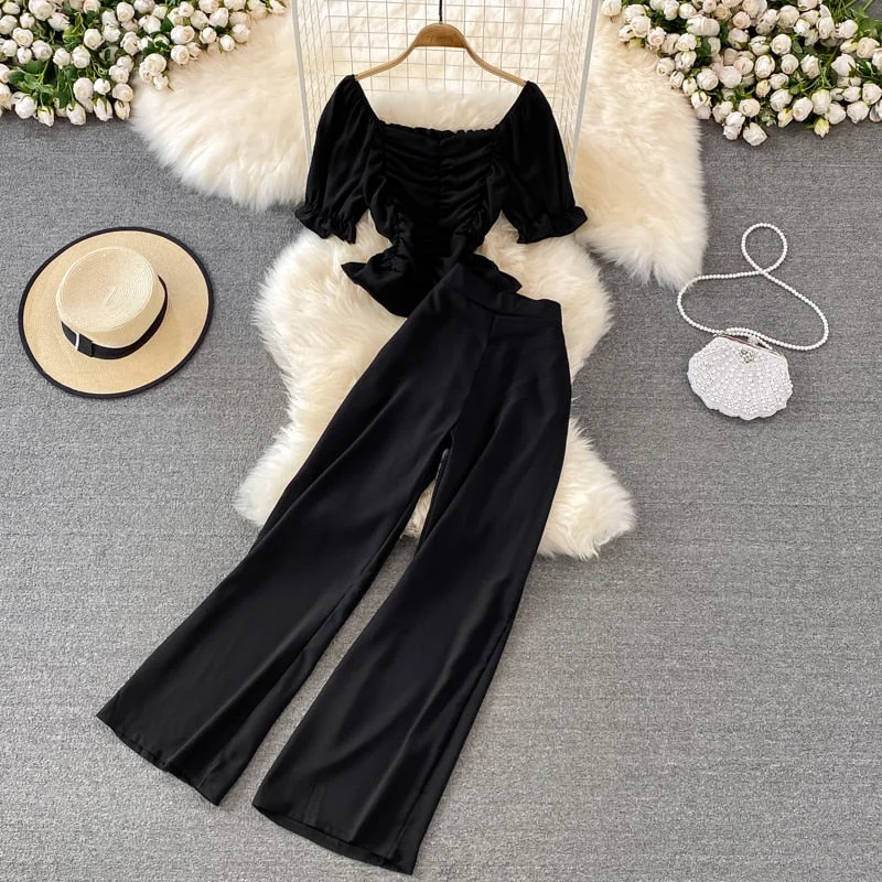 Women Summer Fashion Casual Pants, High Waist Drape Wide Leg Pants, Square Collar Short Slim Blouse Two-piece Suit Female D0544