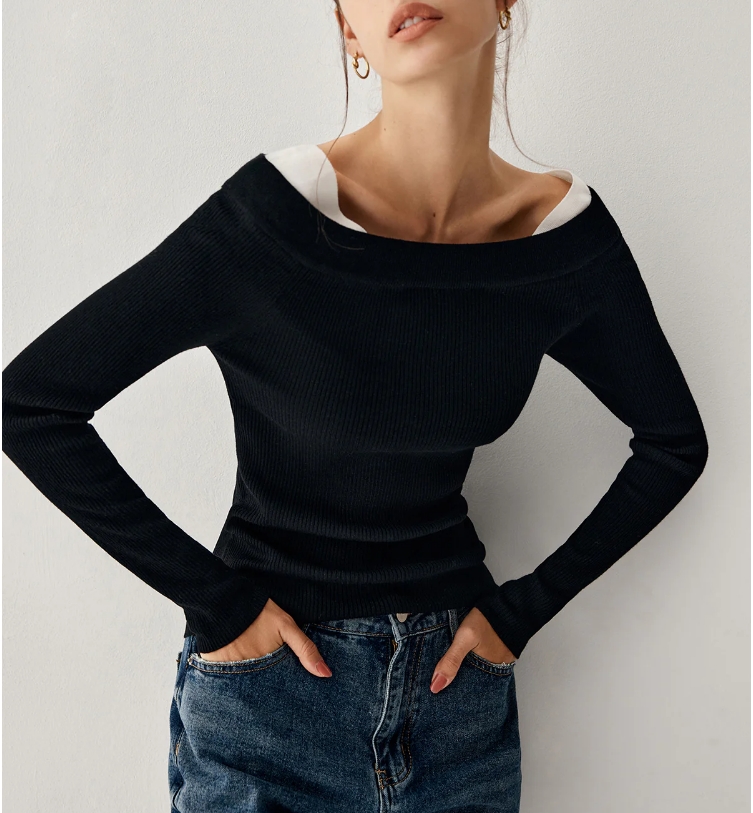 Rotimia Colorblock Off Shoulder Long Sleeve Knit Top