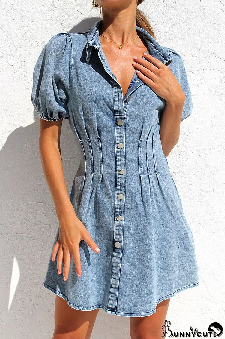 Sweet Elegant Solid Zipper Turndown Collar Short Sleeve Regular Denim Dresses