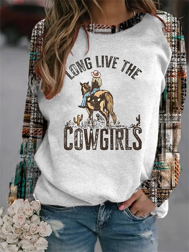 Retro Western Cowgirl Print Casual Sweatshirt