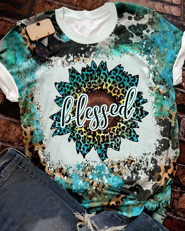 Blessed Family Freedom Religious Belief Western Sunflower Turquoise Cow Pattern Leopard Bleached Print Short Sleeve T-shirt