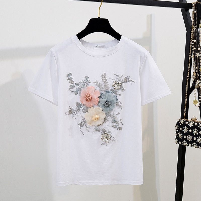 2020 Summer Women 2 Piece Sets Embroidery 3D Flower T-shirt + Denim Shorts Sets Vintage Beading Shorts Sets