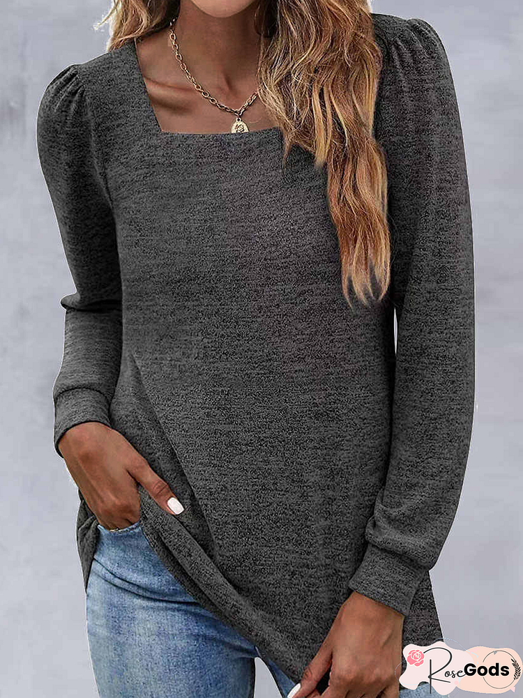 Casual Plain Autumn Regular Fit Jersey Long Sleeve Regular A-Line Regular Tops For Women