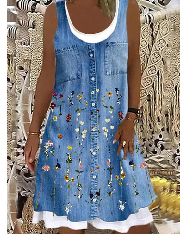 Fake Two Piece Printed Crew Neck Sleeveless Tank Top