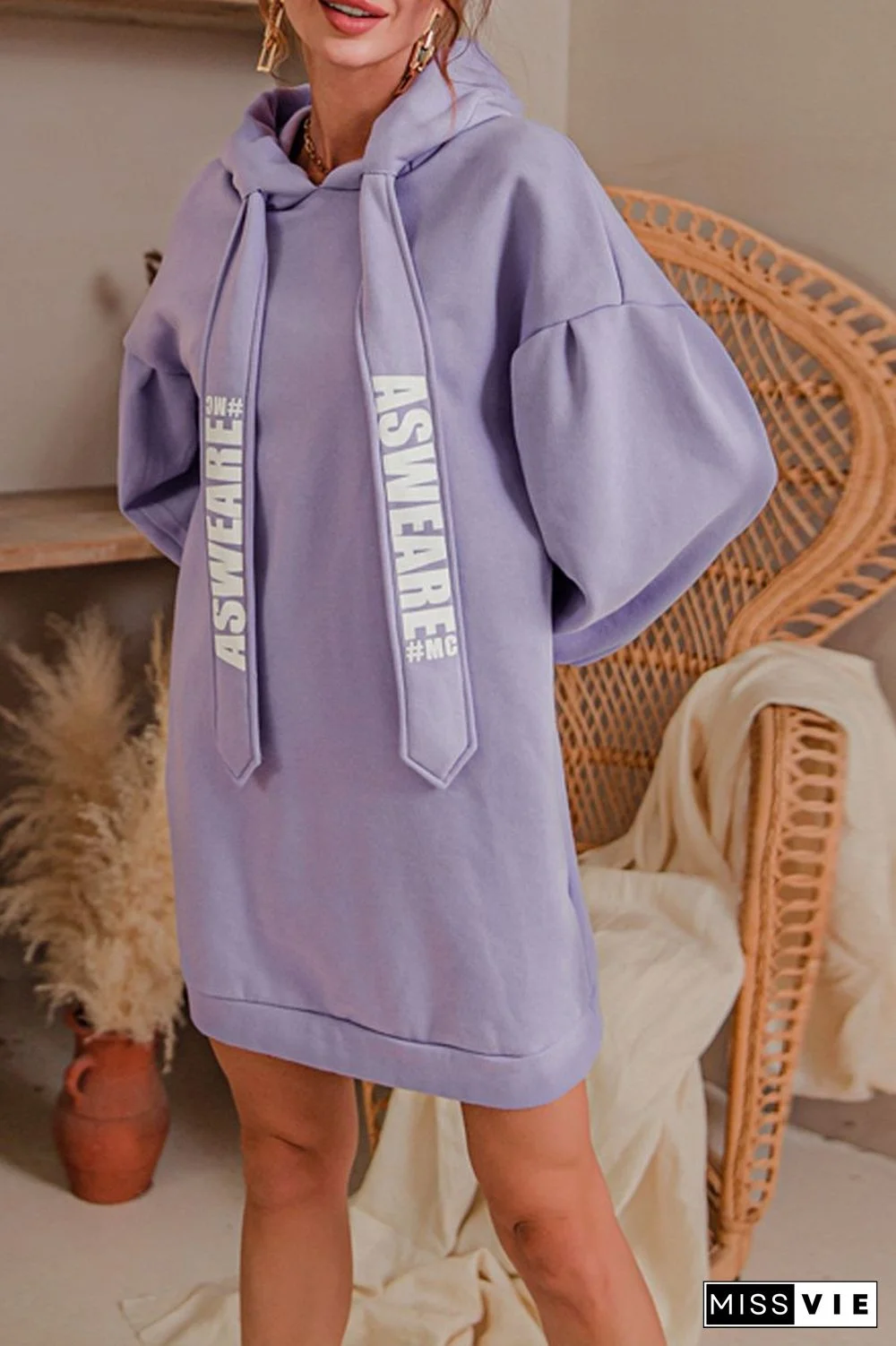 Letter Print Drawstring Hooded Dress