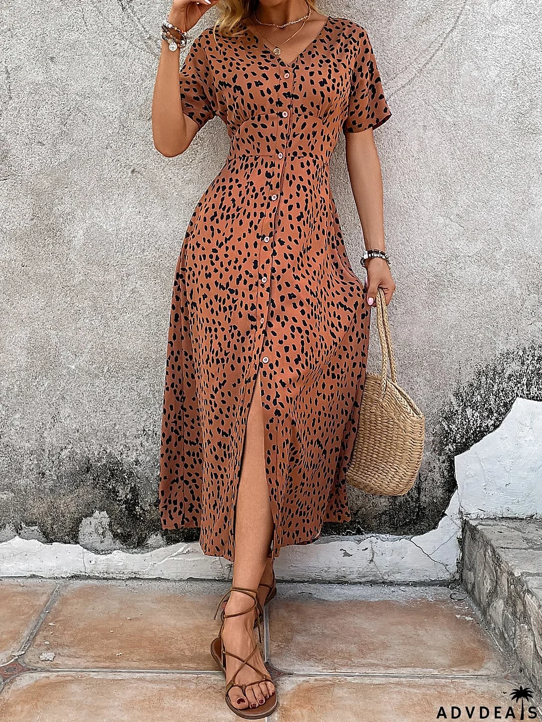 Printed V-Neck Short Sleeve Dress