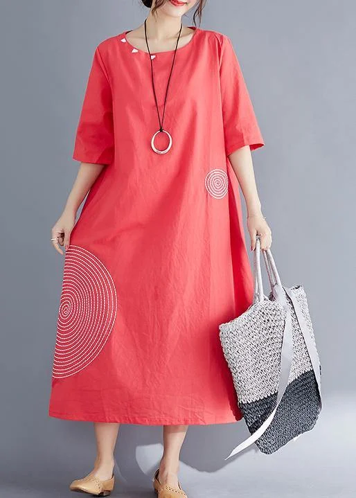 Modern o neck embroidery cotton tunic top Vintage Work Outfits red Maxi Dresses Summer