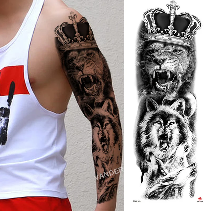 Sdrawing Arm Sleeve Tattoo Lion Crown King Rose Waterproof Temporary Sticker Wild Wolf Tiger Men Full Skull Totem Tatoo