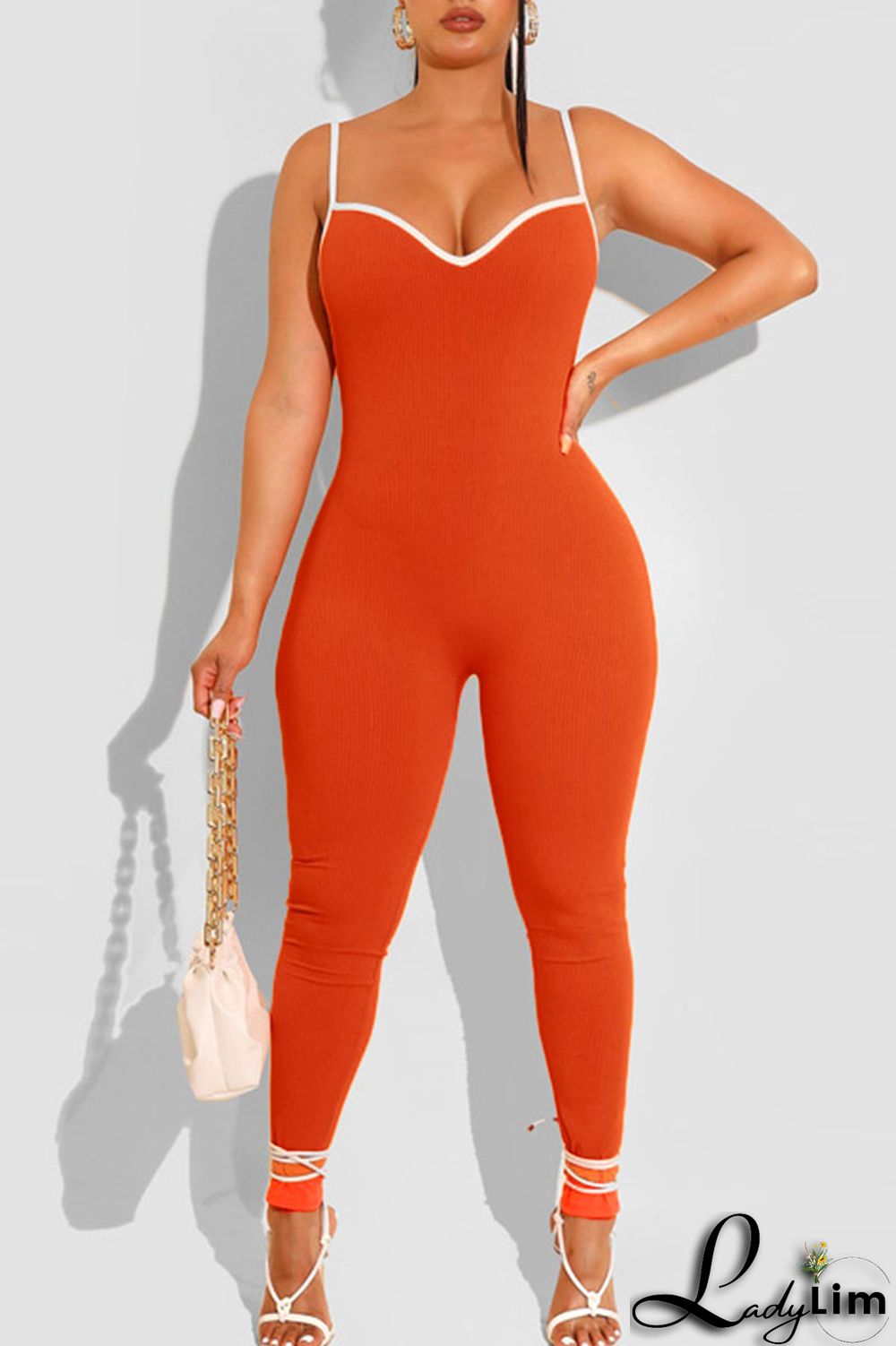 Pink Casual Sportswear Solid Patchwork Spaghetti Strap Skinny Jumpsuits