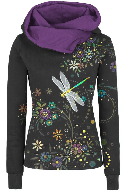 Retro dragonfly floral printed casual hoodies tops coat