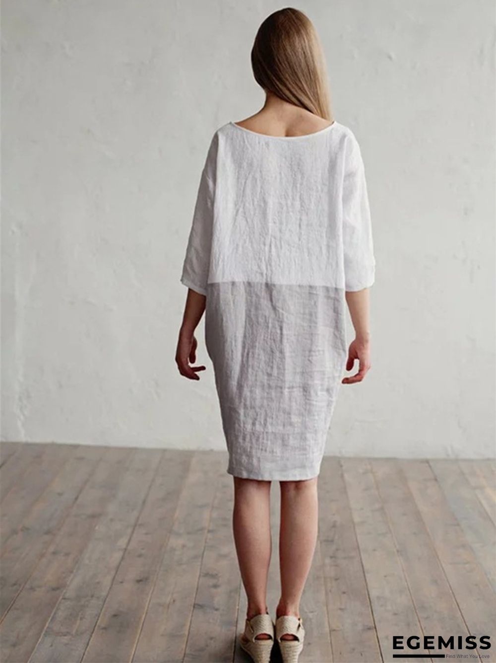 Loose Solid Color Cotton Linen Patchwork Dress Round Neck Seven Sleeve Skirt Waist | EGEMISS