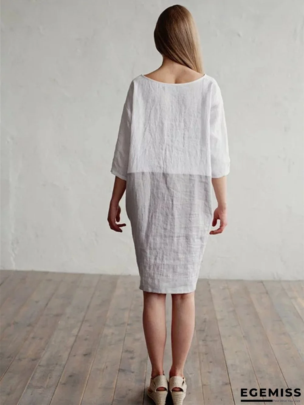 Loose Solid Color Cotton Linen Patchwork Dress Round Neck Seven Sleeve Skirt Waist | EGEMISS