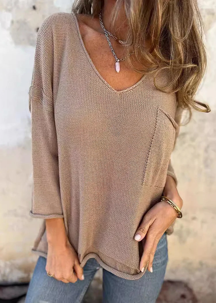 Loose Khaki V Neck Pockets Knitted Tops Fall