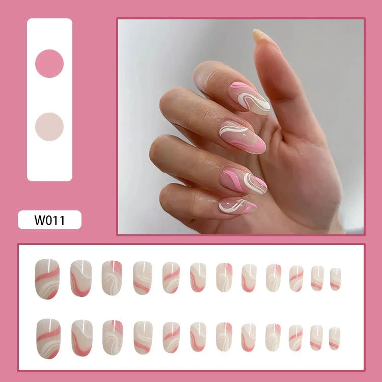 24 Pcs French Ballet White Line False Nails Fashion Geometric Coffin Press On Nails Flame Rose Pattern Nail Art Manicure Tools-Nail Inspo