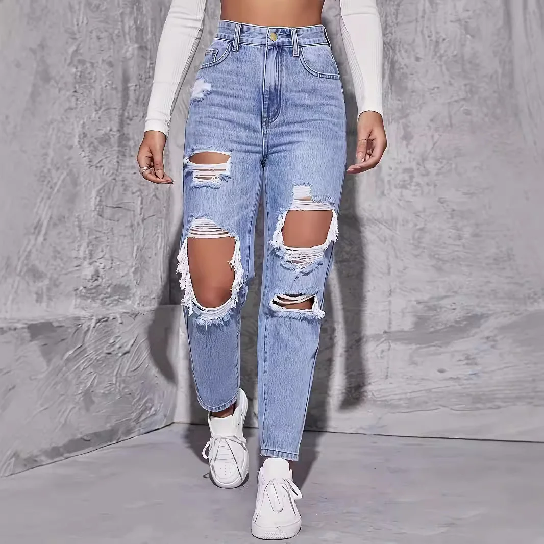 Women's Ripped High-waisted Casual Straigth Jeans