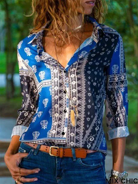 Vintage Paisley Printed Long Sleeve Casual Shirt Top