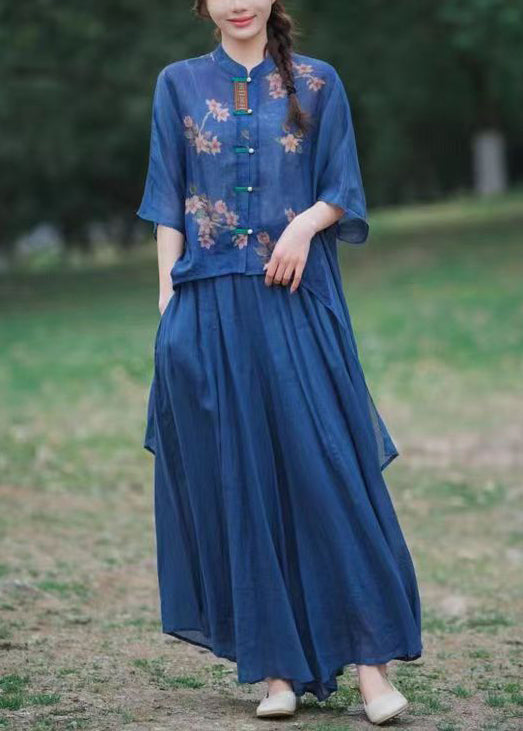 VCSHOES Loose Blue Asymmetrical Print Button Linen Two Piece Set Half Sleeve
