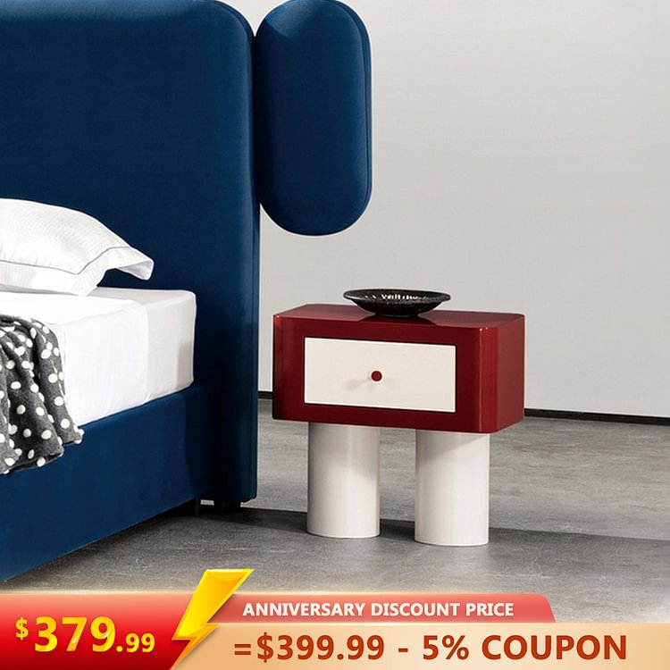 Homemys Modern Red Nightstand 1-Drawer Bedside Table with Soild Wood Legs