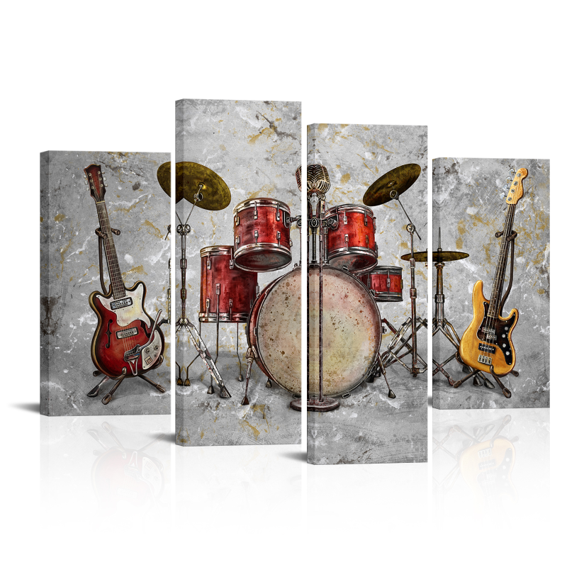 4 Pieces Guitar Beth Drum Wall Art Poster Musical Instruments Print Canvas Painting Modern Style Picture Living Room Home Decor