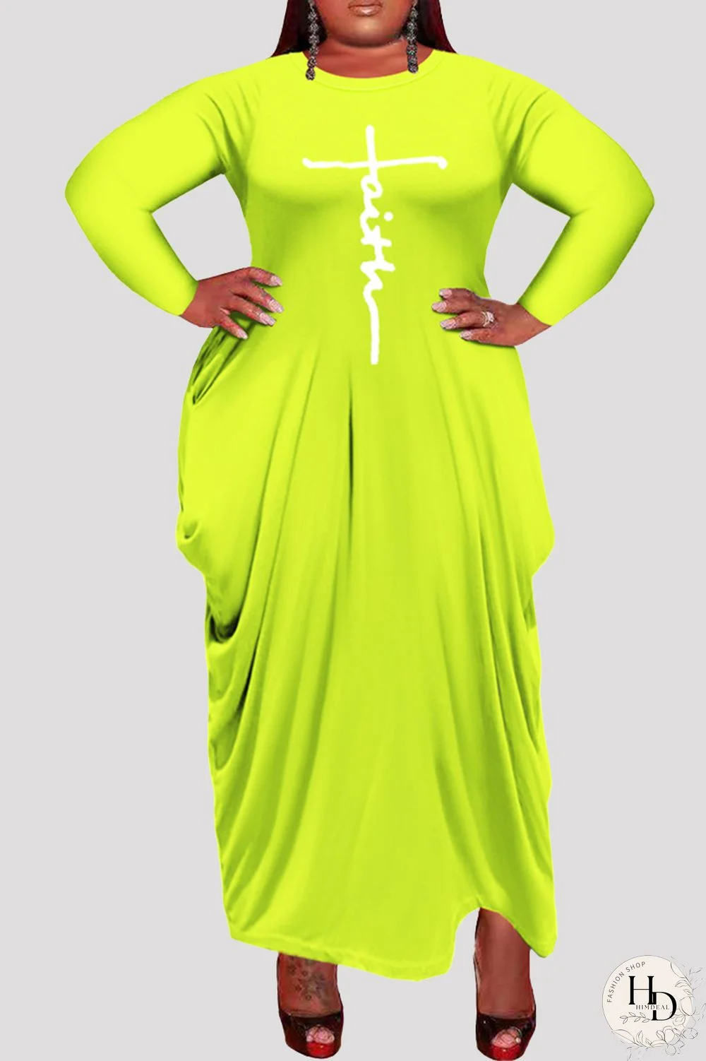 Fluorescent Yellow Fashion Casual Plus Size Print Asymmetrical O Neck Long Sleeve Dresses