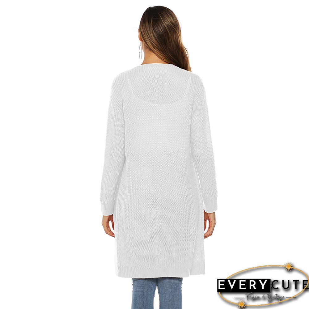 White Open Front Cardigan With Pockets
