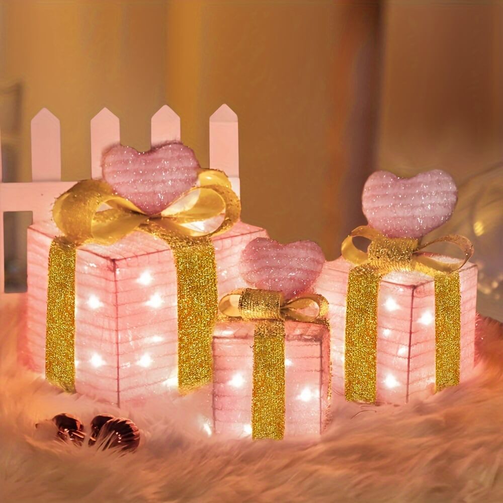 Valentine's Day Pink Heart Lighted Gift Box Trio (3 PCS)