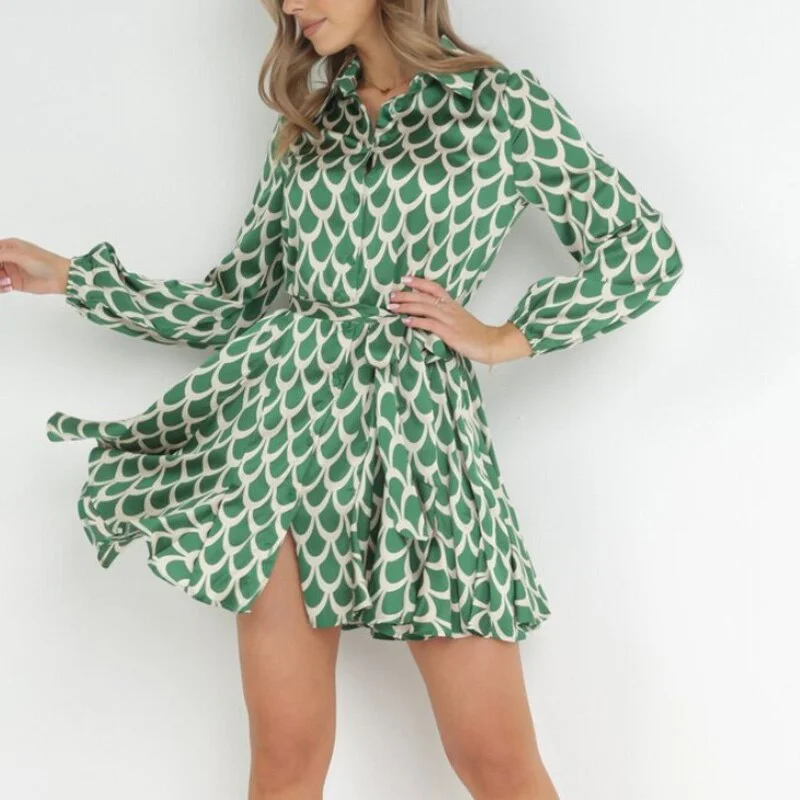 Women Fashion Geometric Print Shirt Dress Elegant Lapel Collar Button Pleated A-Line Dress Casual Long Sleeve Lace-up Mini Dress