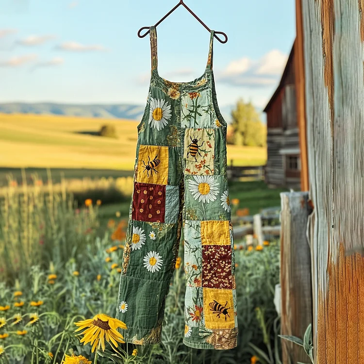 Farmland Sunflower Floral Bee Patchwork Print Linen Jumpsuit
