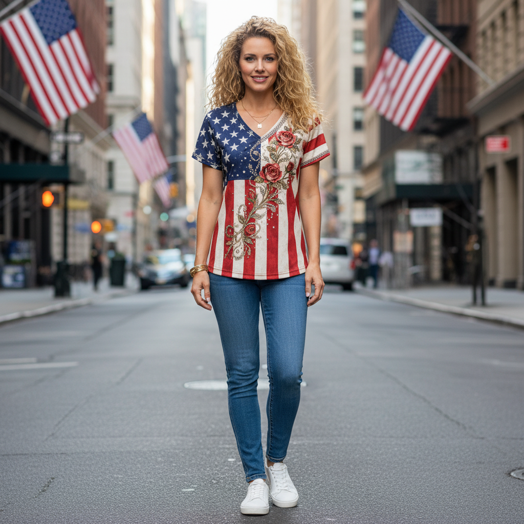 Women's Vintage American Flag 250th Anniversary Rose Print Casual V-Neck Short Sleeve T-Shirt - Helixace
