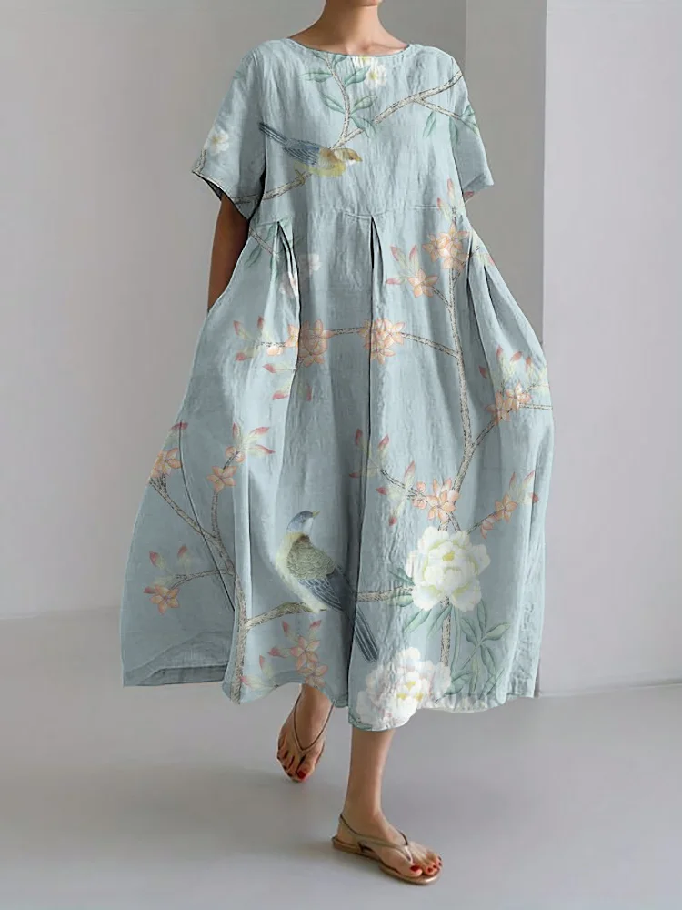 VChics Birds on Floral Branches Japanese Art Linen Blend Maxi Dress