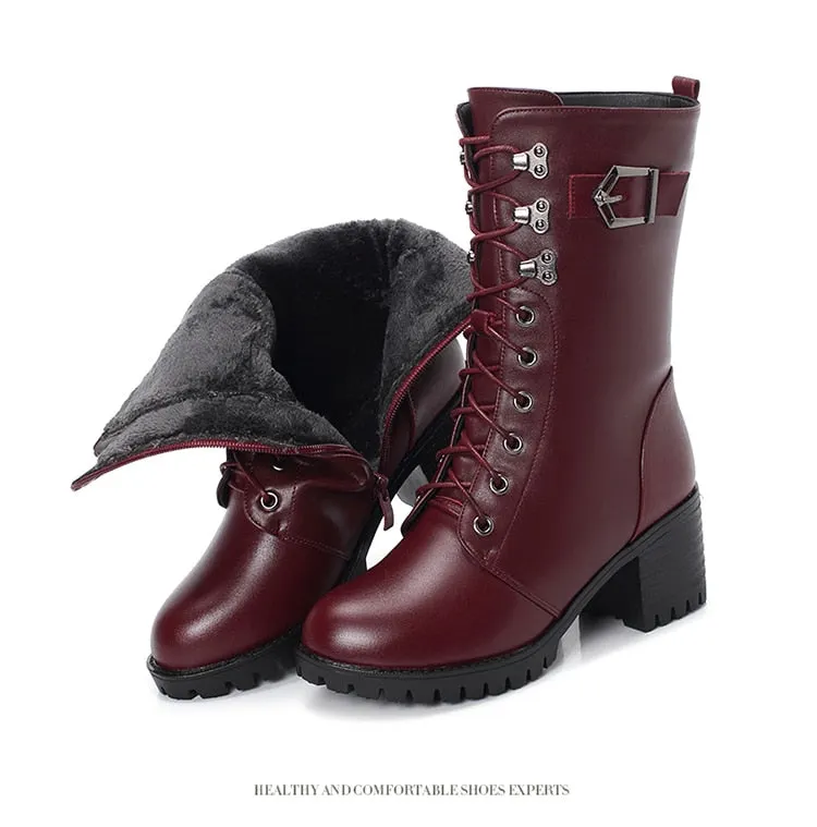 GKTINOO Boots Women Genuine Leather High-heeled Large Size Motorcycle Boots Women New Wool Warm Winter Boots for Women