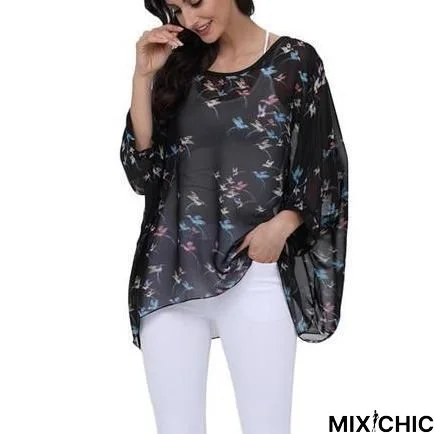 Plus Size Women Chiffon Blouse Shirt Batwing Sleeve Tops Blouses