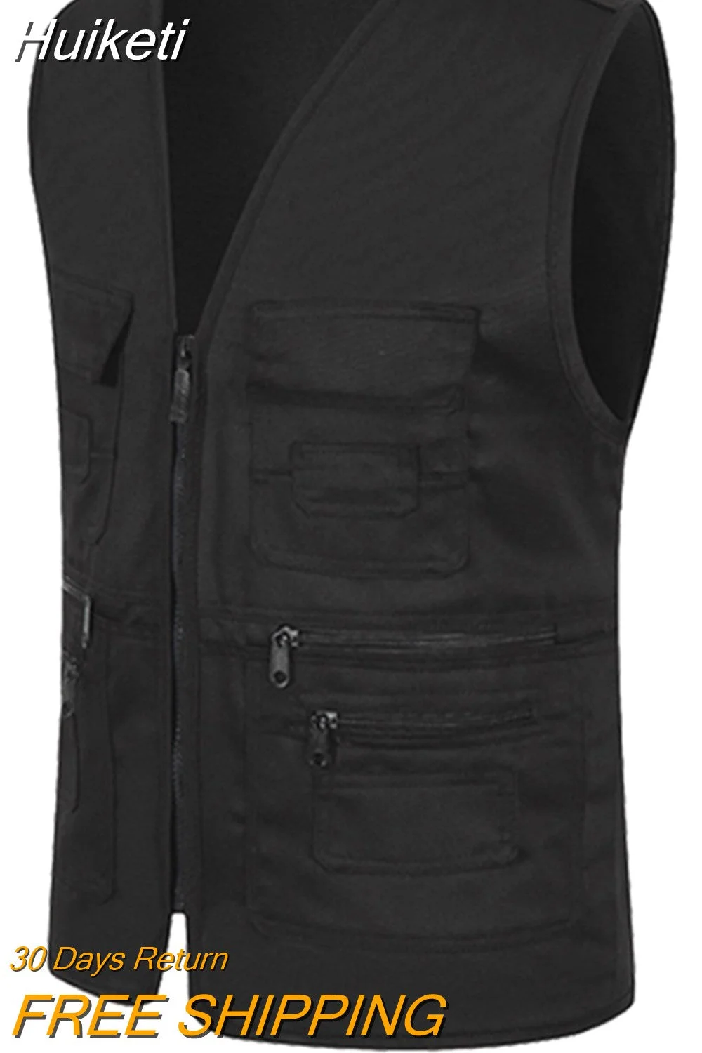 Huiketi Vest Men Casual Sleeveless Cargo Jacket Multi Pocket Waistcoat Fashion Outdoor Vest Solid Color Zipper Vests Mens Clothing