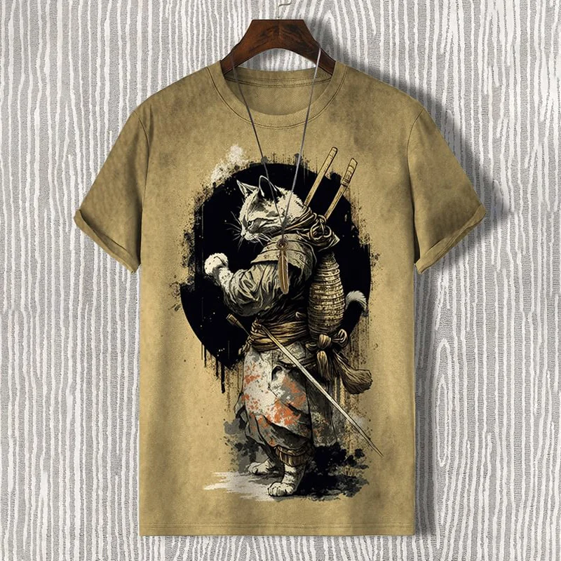 Men's Retro Handsome Samurai Cat Art Painting Print Short Sleeve T-Shirt