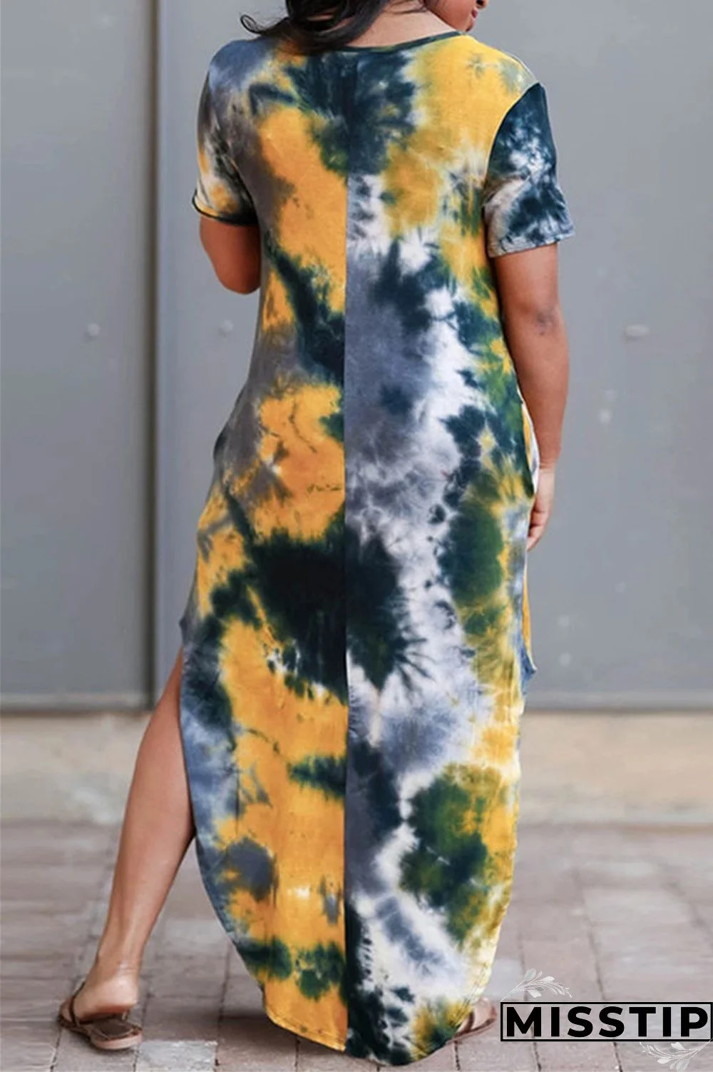 Rose Red Fashion Casual Print Tie Dye Slit O Neck Short Sleeve Dress